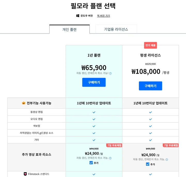 필모라 플랜 선택 설명… 7일 무료체험이라고 되어 있다.