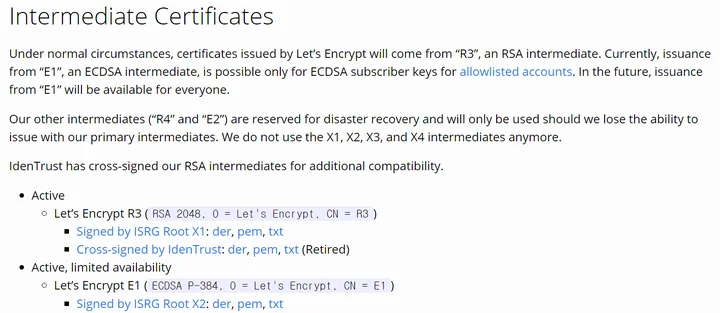 Intermediate Certificates 부분 스크린샷 / 첫번째 pem과 두번째 pem 을 다운로드